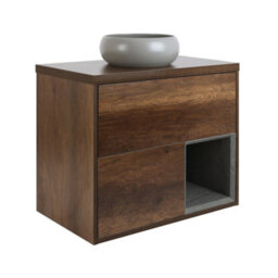 Homestylestore Dark Oak 800mm Led Lit Wall Hung Bathroom Vanity Unit Round Pebble Countertop Basin Open Shelf - thumbnail 1