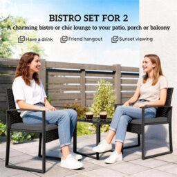 Rattan Bistro Set, 3 Pcs Garden Furniture With Cushion, Dark Grey - thumbnail 6