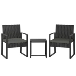 Rattan Bistro Set, 3 Pcs Garden Furniture With Cushion, Dark Grey - thumbnail 1