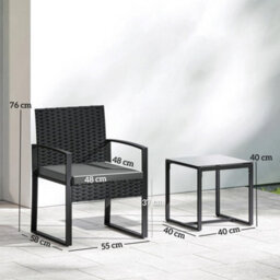 Rattan Bistro Set, 3 Pcs Garden Furniture With Cushion, Dark Grey - thumbnail 3