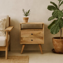 Wyld Haus Megeve Classic Natural Oak Mango Wood Bedside Table 2 Drawers Open Shelf - thumbnail 1