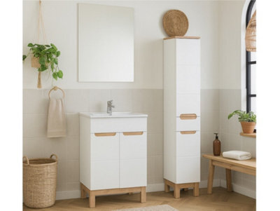 Impact Furniture Bathroom Furniture Set Vanity 600mm Unit With Basin Freestanding Tall Slim Storage Cabinet White Gloss Oak Bali - image 1