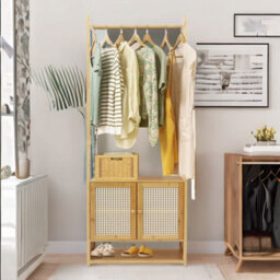 BMBO Wooden Hall Tree Coat Stand With Shoe Rack Natural Brown - thumbnail 3