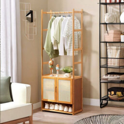 BMBO Wooden Hall Tree Coat Stand With Shoe Rack Natural Brown - thumbnail 2