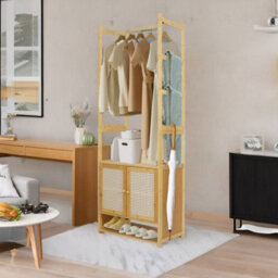 BMBO Wooden Hall Tree Coat Stand With Shoe Rack Natural Brown - thumbnail 5