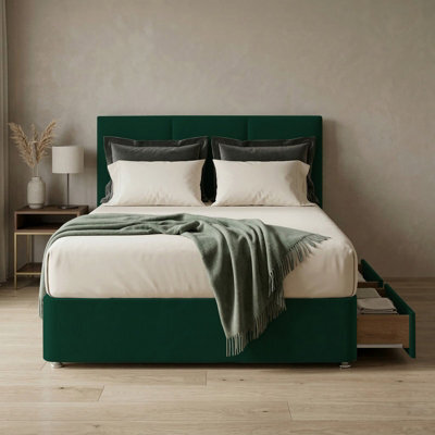 Adore Designs Alton Plush Velvet Divan Bed, Headboard & Mattress - 3Ft Single - Emerald Green - 2 Drawers Same Side - image 1