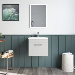 Balterley Rio 1 Drawer Wall Hung Vanity Basin Unit - 500mm - Gloss Grey Mist With Brushed Brass D Handle (Tap Not Included) - thumbnail 3