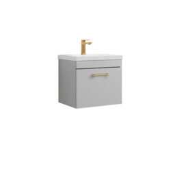 Balterley Rio 1 Drawer Wall Hung Vanity Basin Unit - 500mm - Gloss Grey Mist With Brushed Brass D Handle (Tap Not Included)