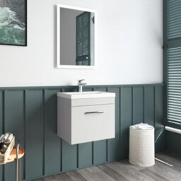 Balterley Rio 1 Drawer Wall Hung Vanity Basin Unit - 500mm - Gloss Grey Mist With Brushed Brass D Handle (Tap Not Included) - thumbnail 4