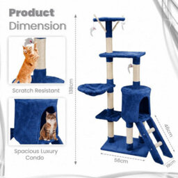 Wadan Cat Tree Tower With Condos, Ladder & Scratching Posts 138Cm Multilevel Cat Activity Centre For Large & Small Cats, Blue - thumbnail 2