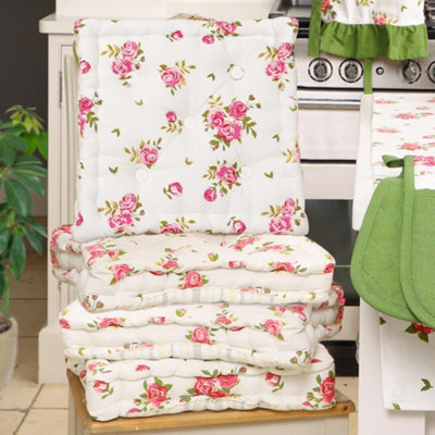 Dibor Set Of 4 Pink Floral Print Indoor Dining Chair Seat Pad Box Cushions (L)40Cm X (W)40Cm - image 1