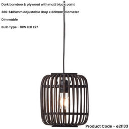 Loops Hanging Ceiling Pendant Light - Dark Bamboo & Plywood With Matt Black Paint - 10W Led E27 - thumbnail 2