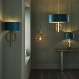 Luminosa Lighting Luminosa Trento 5 Light Ceiling Pendant Antique Gold Leaf & Teal Satin Fabric - thumbnail 2