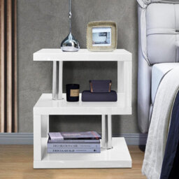 White High Gloss Coffee Table Side Table With Led Rgb Lights 2 Tier Storage Shelves S Shape Rectangular Table 44L X 38W X 57H Cm - thumbnail 4
