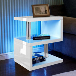 White High Gloss Coffee Table Side Table With Led Rgb Lights 2 Tier Storage Shelves S Shape Rectangular Table 44L X 38W X 57H Cm