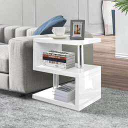 White High Gloss Coffee Table Side Table With Led Rgb Lights 2 Tier Storage Shelves S Shape Rectangular Table 44L X 38W X 57H Cm - thumbnail 3
