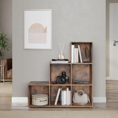 Urbn-Living Urbnliving 90.5Cm Height 6 Cube Step Storage Rustic Brown Bookcase Unit Shelf Home Office Organiser Display Box - image 1