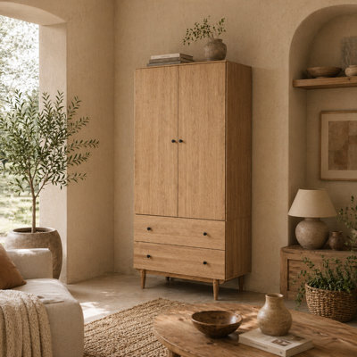 Wyld Haus Coramar Natural Wood 2-Door Wardrobe With Hanging Rail And 2 Drawers - 80W X 52D X 180H Cm - image 1