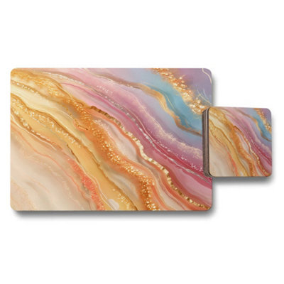 Benjamin Tate Design Marble Gold Accent Placemat And Coaster Set Limited Edition Wood Bottom Designer Artwork - image 1