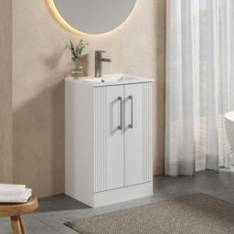 Balterley Belvide Partial Fluted 2 Door Floor Standing Vanity Unit With 1 Tap Hole Minimalist Basin - 500mm - Satin White - thumbnail 4