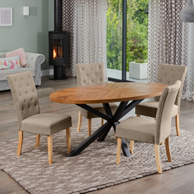 Dosenna Oval Dining Table Set With 4 Pienza Fabric Chairs - Brown - image 1