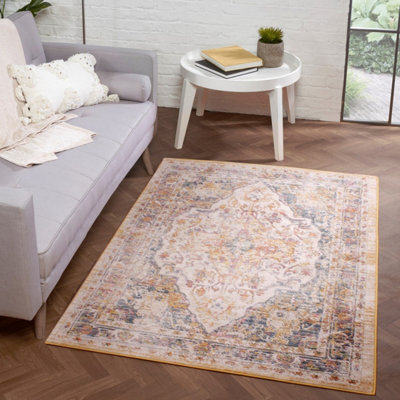 White Traditional Abstarct Easy To Clean Floral Rug For Dining Room-66Cm X 100Cm - image 1