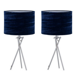 First Choice Lighting Set Of 2 Chrome Tripod Table Lamps With Navy Blue Velvet Shades