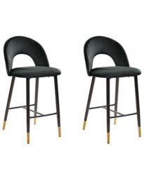 Beliani Black Velvet Bar Chairs Set Of 2 With Gold-Ended Steel Legs, Retro Modern Design - thumbnail 3