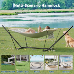 2 Person Double Hammock With Adjustable Steel Stand, Wooden Spreader Bar, Detachable Pillow, Light Gray Patterned, 12Ft - thumbnail 4