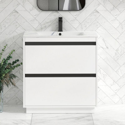 Royal Bathrooms Orion 800mm Matt White 2 Drawer Floor Standing Bathroom Vanity Unit With Carrara White Basin & Black Accent Trim - image 1