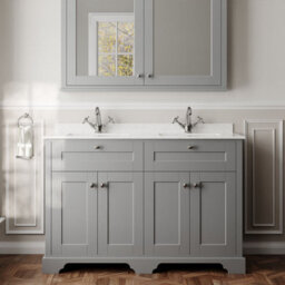 Hudson Reed Floor Standing Four Door Traditional Vanity Unit With White Marble Double Square Basin In Storm Grey, 1250 X 505mm - thumbnail 2