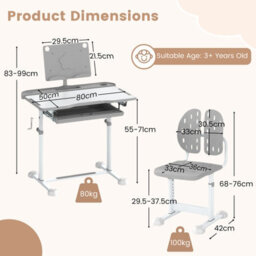 Gainoom Kids Grey Study Desk & Chair Set Height-Adjustable Children Study Desk - thumbnail 2