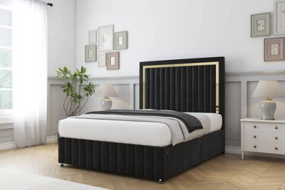 "Comfort Boston Gold Black Plush Divan Bed Set No Drawers - 26"" Strutted & 12"" Footboard 4'6 Double" - image 1