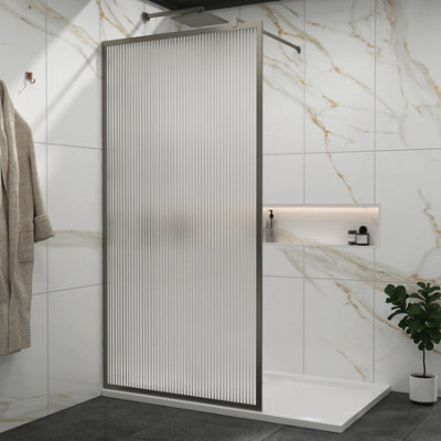 Royal Bathrooms Luxor 800mm Walk In Wet Room Fluted Shower Enclosure Screen With Gun Metal Grey Frame 8mm Nano Glass & Support Arm - image 1
