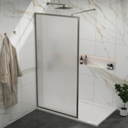 Royal Bathrooms Luxor 800mm Walk In Wet Room Fluted Shower Enclosure Screen With Gun Metal Grey Frame 8mm Nano Glass & Support Arm - thumbnail 4