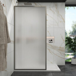 Royal Bathrooms Luxor 800mm Walk In Wet Room Fluted Shower Enclosure Screen With Gun Metal Grey Frame 8mm Nano Glass & Support Arm - thumbnail 3