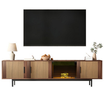 Btm Tv Cabinet, Lowboard With Carved Texture, Tv Furniture With Led Light Strip And Tempered Glass Doorbtm - image 1