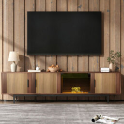 Btm Tv Cabinet, Lowboard With Carved Texture, Tv Furniture With Led Light Strip And Tempered Glass Doorbtm - thumbnail 5