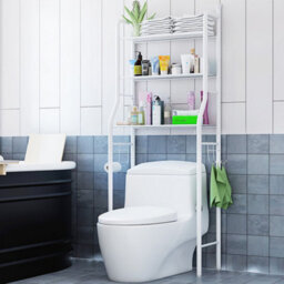 Living And Home 3 Tier White Metal Bathroom Storage Shelves Over Toilet Rack Shower Organiser With Paper Roll Holder And 3 Hooks - thumbnail 2