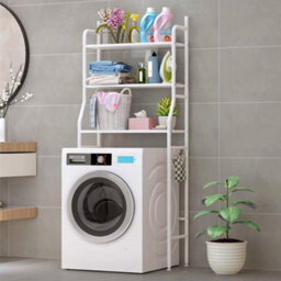 Living And Home 3 Tier White Metal Bathroom Storage Shelves Over Toilet Rack Shower Organiser With Paper Roll Holder And 3 Hooks - thumbnail 4