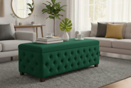 90Cm Wide Empire Ottoman Storage Box With Legs, Forest Green Velvet Chesterfield Upholstered Ottoman Footstool Coffee Table