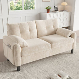 Matteo Modern 2-Seater Beige Chenille Sofa With Side Storage Pocket - Soft Cushions, Space-Saving