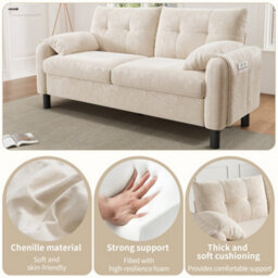 Matteo Modern 2-Seater Beige Chenille Sofa With Side Storage Pocket - Soft Cushions, Space-Saving - thumbnail 6