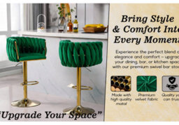 Hygrad Built to Survive Set Of 2 X Velvet Woven Upholstered Adjustable High Swivel Breakfast Bar Pub Home Stool Chair With Gold Metal Base & Gas Lift - thumbnail 3