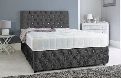 Adore Designs Chesterfield Crushed Velvet Divan Bed, With Orthopaedic Mattress & Footboard - 4Ft Small Double - Black - 2 Drawers Left Side - image 1