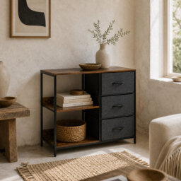 Wyld Haus Disabapa Fabric And Wood Storage Chest - 3 Drawers 2 Shelves, Brown And Black