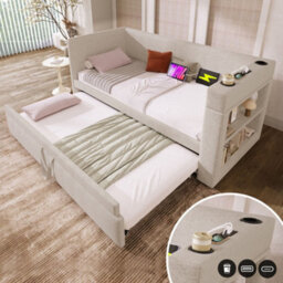 Merax 3Ft Day Bed 90X190 Cm, Linen Sofa Bed With Pull-Out Trundle 90X190 Cm, Usb & Type-C Charging, Cup Holders, Beige - thumbnail 3