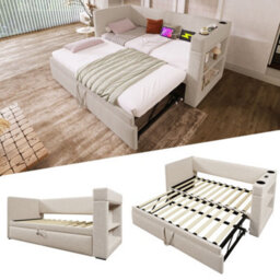 Merax 3Ft Day Bed 90X190 Cm, Linen Sofa Bed With Pull-Out Trundle 90X190 Cm, Usb & Type-C Charging, Cup Holders, Beige - thumbnail 1