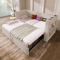Merax 3Ft Day Bed 90X190 Cm, Linen Sofa Bed With Pull-Out Trundle 90X190 Cm, Usb & Type-C Charging, Cup Holders, Beige - thumbnail 4