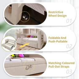 Merax 3Ft Day Bed 90X190 Cm, Linen Sofa Bed With Pull-Out Trundle 90X190 Cm, Usb & Type-C Charging, Cup Holders, Beige - thumbnail 8